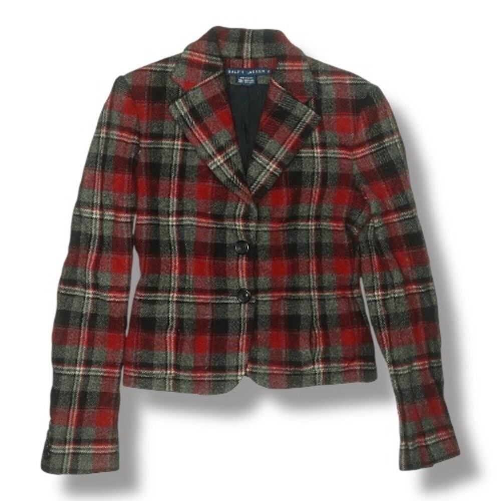 Vintage Ralph Lauren Wool Plaid Blazer Red Black Cropped Jacket 2 Heritage